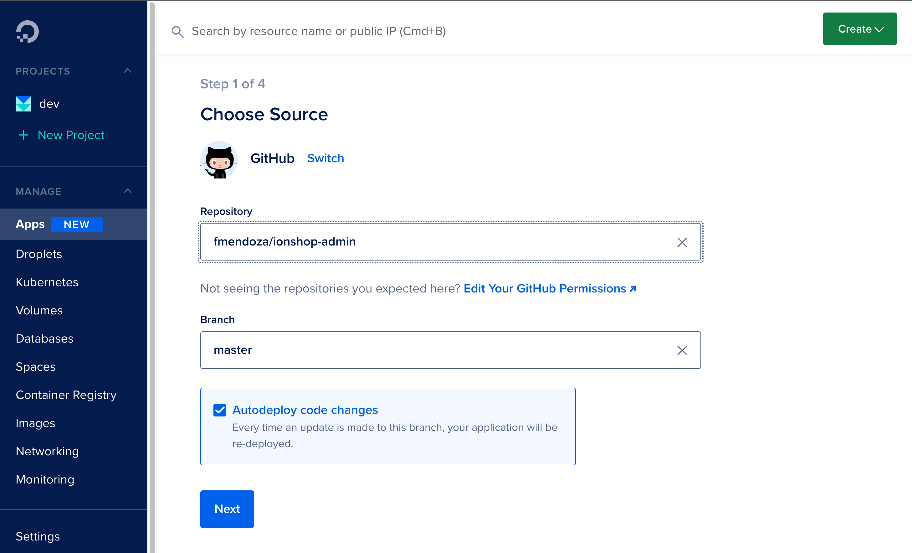 App Platform - Choose source